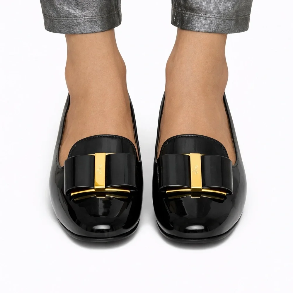 Salvatore Ferragamo Black Patent Vara Bow Loafers with Gold Accent FITS LIKE A 7